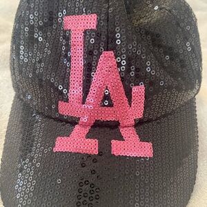47 Kids Black Sequin Cap with Pink LA Logo